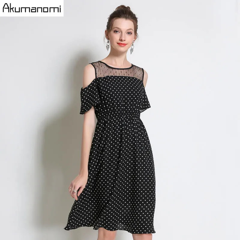 

Summer Dot Chiffon Dress Women Clothing Black Voile Patchwork O-neck Hollow-out Short Sleeve Dress Plus Size 5XL 4XL 3XL 2XL-S
