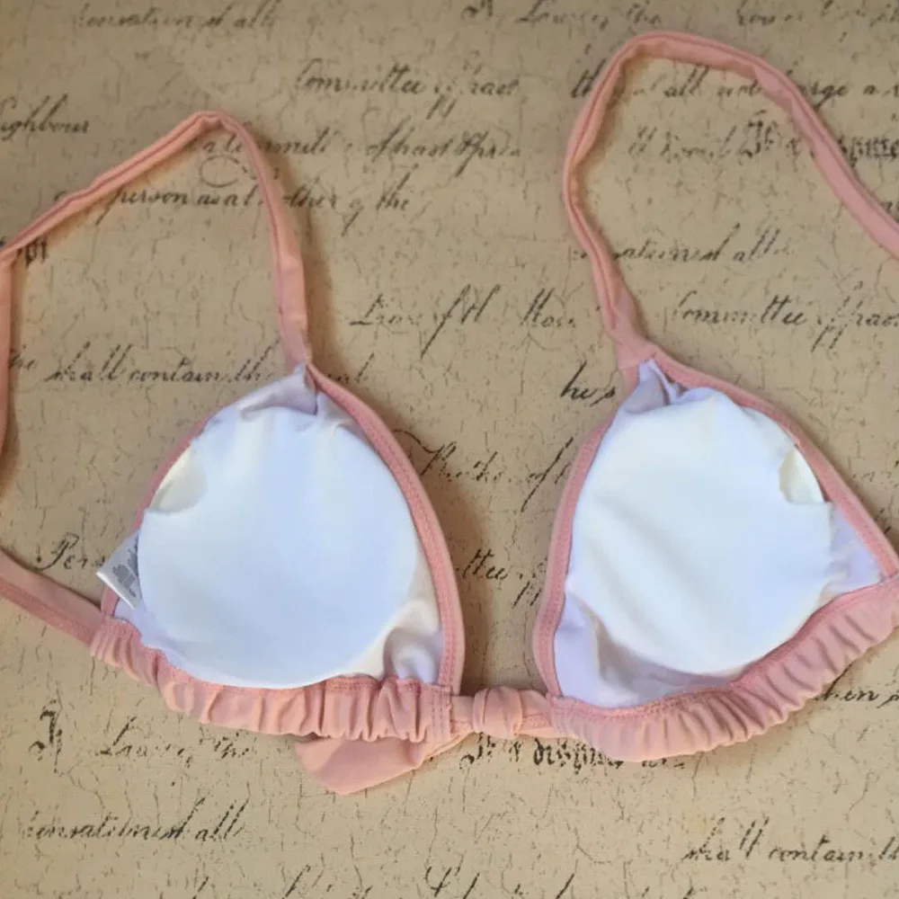 Sexy Soild Two Piece Smoked Women's Bikini Padder Push up Front Kontted Swimsuit Top With Cut Out Tie Side Tankini Size XL 2