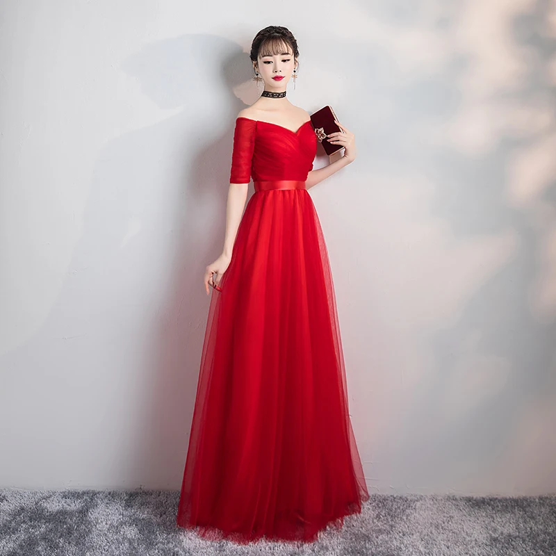 

V-neck A-line New Floor-length Tulle Empire Vintage Formal Women Long Red Dress Party Dress Vestido De Festa Vestidos De Festa