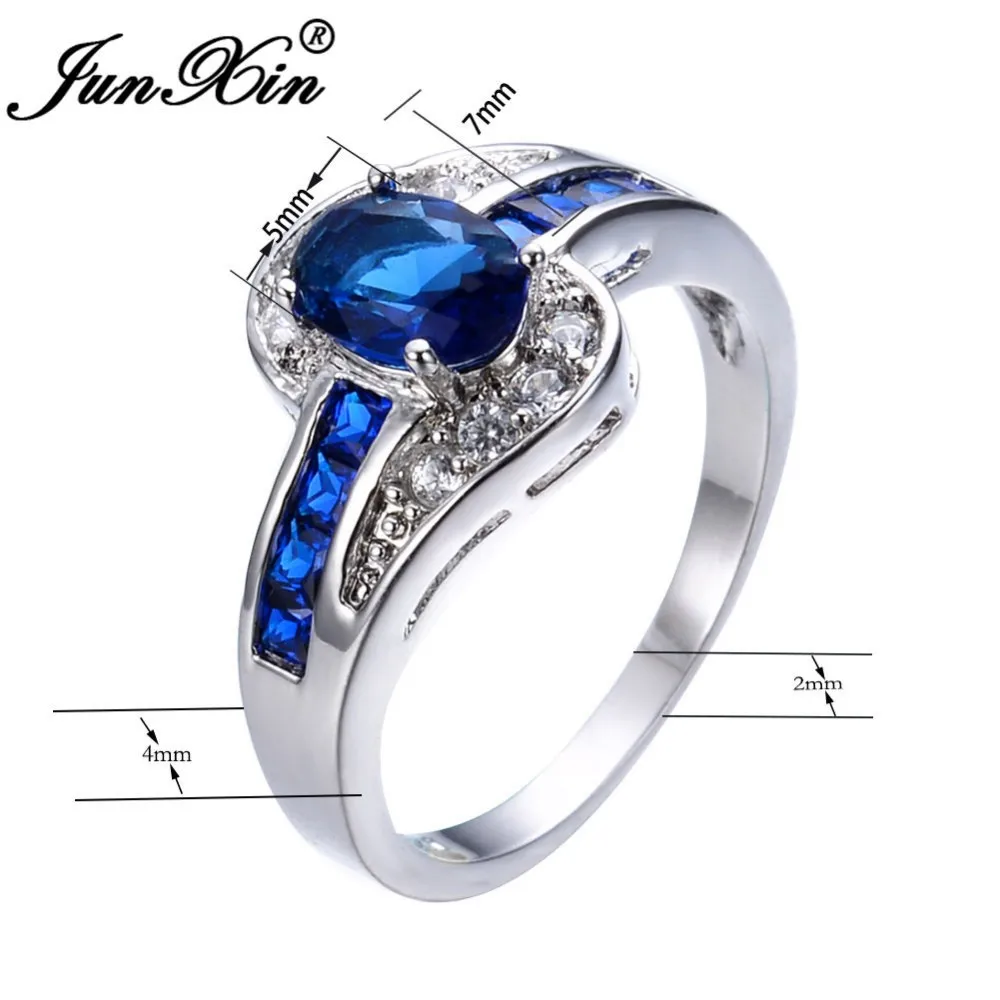 JUNXIN уникальные ювелирные изделия синий овальный циркон камень кольцо белое золото заполнены Свадебные обручальные кольца для мужчин и женщин RW0375