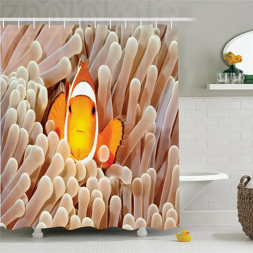Ocean Decor Shower Curtain Set Clown Fish Swimming In Tentacles In