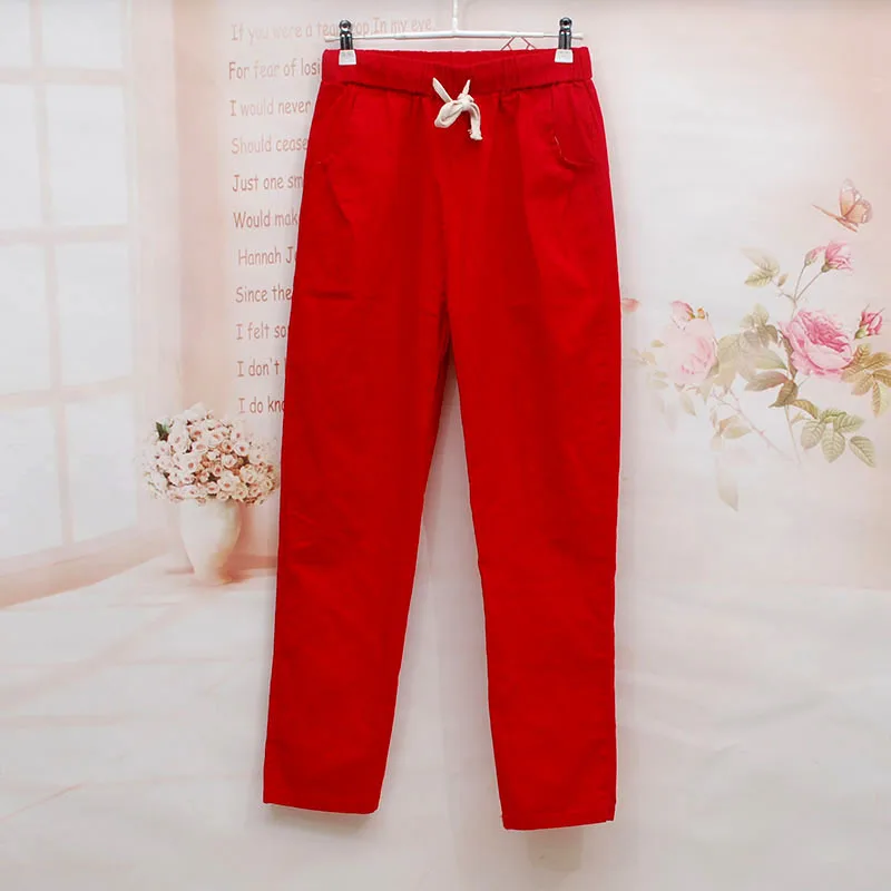 Хлопок, лен, спортивные штаны, повседневные, осень, весна, женские штаны размера плюс, длина по щиколотку, широкие, прямые, одноцветные брюки - Цвет: Big red