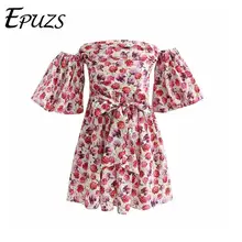 Сексуальное богемное мини-платье с открытыми плечами, женское летнее Повседневное платье с цветочным принтом и бантом, Платья для вечеринок, элегантные платья