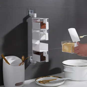 

Wall Hanging Rotatable Condiment Storage Box Transparent Multi-layer Container with Spoon MJJ88