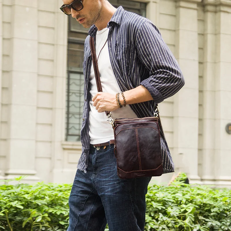 CONTACT'S HOT!! 2018 Genuine Leather Bags Men High Quality Messenger Bags Small Travel Dark Brown Crossbody Shoulder Bag For Men
