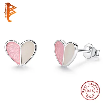 

BELAWANG 925 Sterling Silver Stud Earrings Sweet Love Heart Earrings For Women Fashion Jewelry Pink Enamel Small Earrings Gift