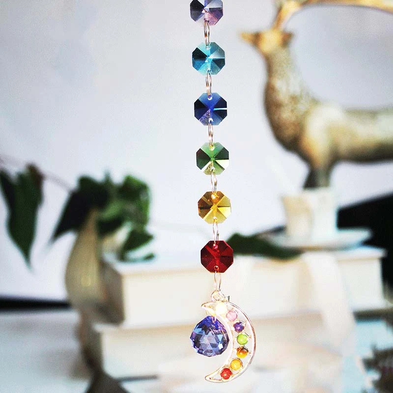 

Hanging Chakra Crystal Suncatcher Natural Stone Moon Crystal Prism Ball Half-moon Handmade Rainbow Ball Pendulum Pendant