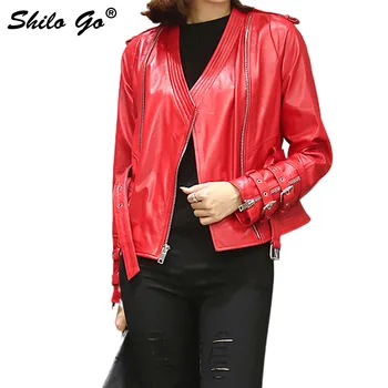 

SHILO GO Leather Jacket Womens Autumn Fashion sheepskin genuine Leather Jacket Zipper V Neck Sexy red OL metal belt long sleeve