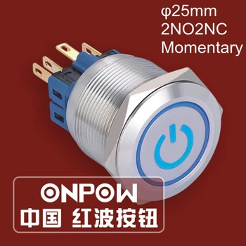 

ONPOW 25mm 2NO2NC Stainless Steel Momentary Power Push Button Switch, Power Symbol+Ring LED switch (GQ25-22ET/B/12V/S) CE, RoHS