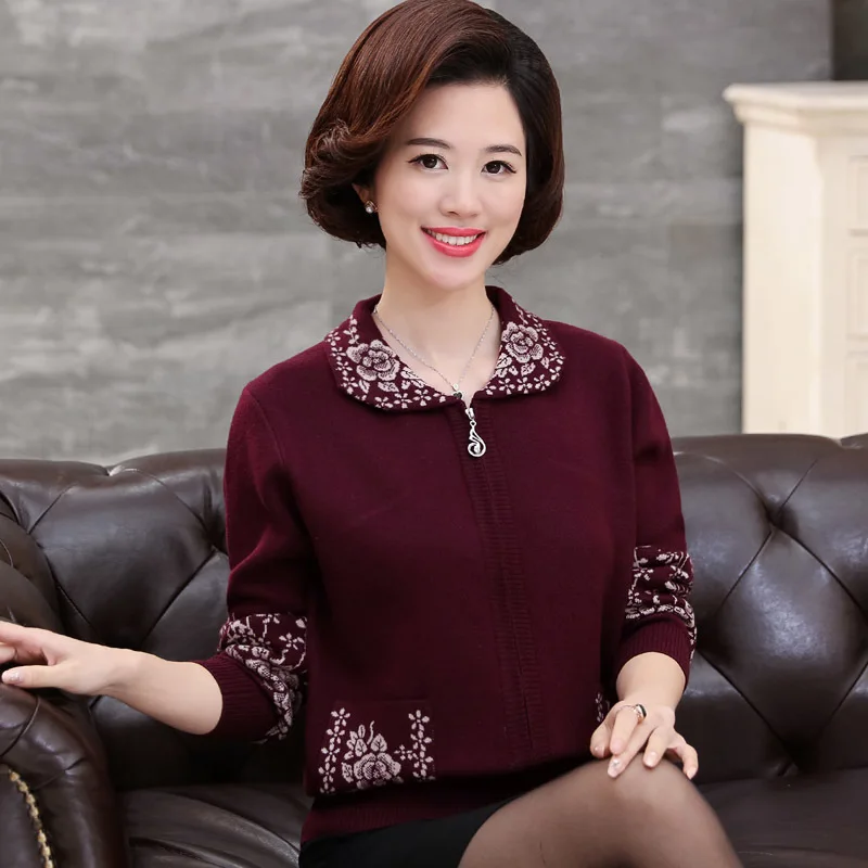 

Spring Autumn Middle Aged Women Elegant Print Cashmere Sweaters Casual Long Sleeve Cardigan Outwear Plus Size M-4XL