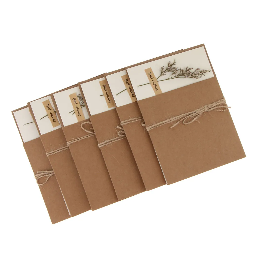 6pcs Rustic Dried Flower Kraft Paper Greeting Cards Handmade Crafts Blank Inside With Envelops