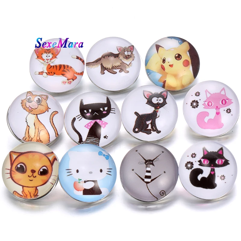 10pcs/lot Wholesale Snaps Jewelry Cute Cat 18mm Snap Buttons Round Glass Button DIY Accessories