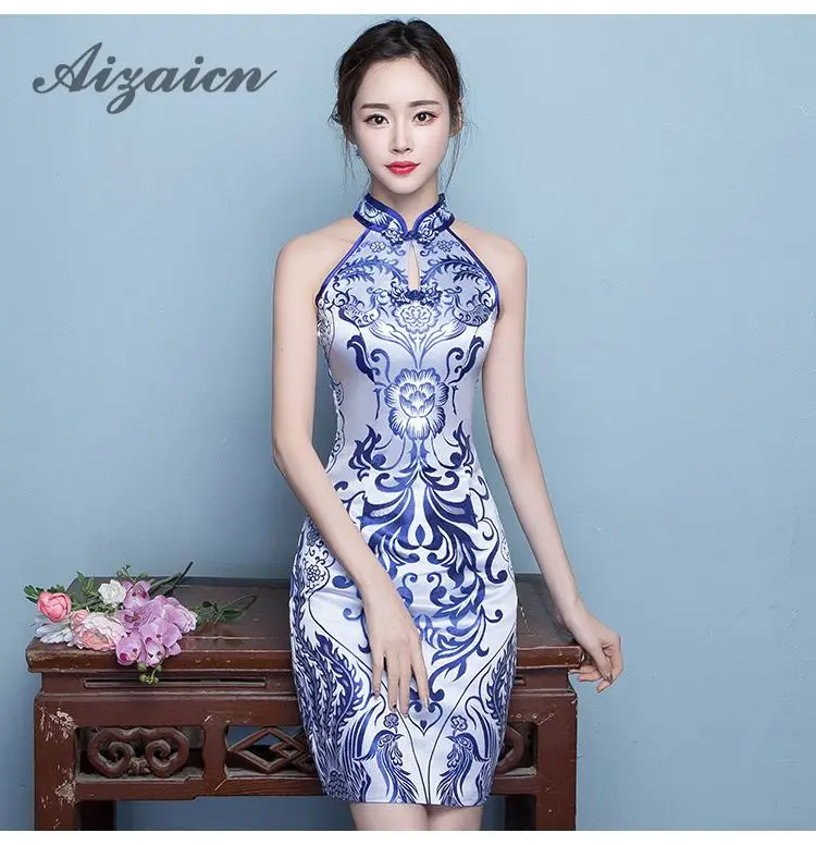 Синий Xiaqinghua фарфор церемонии Cheongsam юбка китайское платье современные Qipao Винтаж сексуальный Восточный халат Chinoise Qi Pao