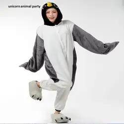 Кигуруми взрослых Unsex для мужчин и женщин серый пингвин Onesie пижамы зимние теплые Пижама с капюшоном комплект косплэй костюмы