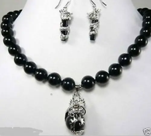

Fashion beautiful 10mm black jade dragon earring pendant Necklace set 5.23