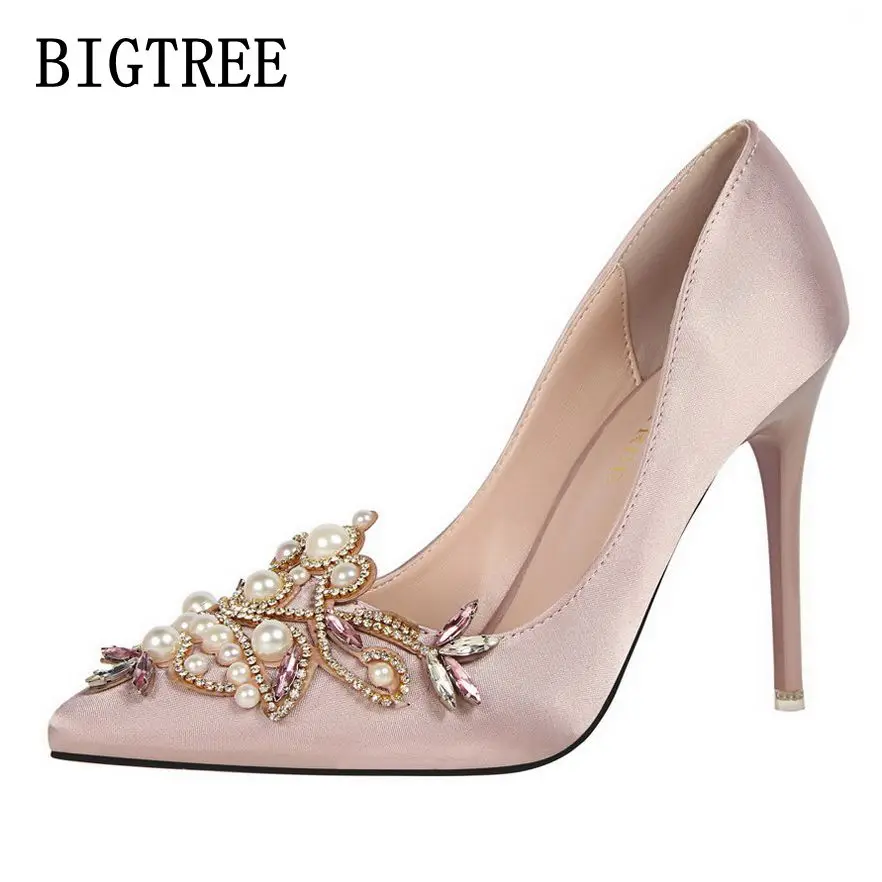 

BIGTREE Women's Shoes Sexy Elegant Party Woman High-heeled Shoes Shallow-pointed Satin Pearls Rhinestone Comfort Ladies Shoes