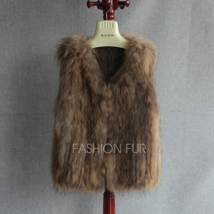 2018 Fashion Knitted Raccoon Fur Vests Winter Women Coats Furry Vest Natural Gilets Female Sleeveless Waistcoats | Женская одежда