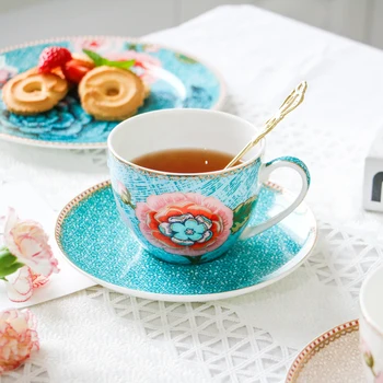 

250ml 8oz Coffee Mug Tray Set Bone China Mug Gold Edge Flower Pattern Kitchen Drinking Favor DEC488