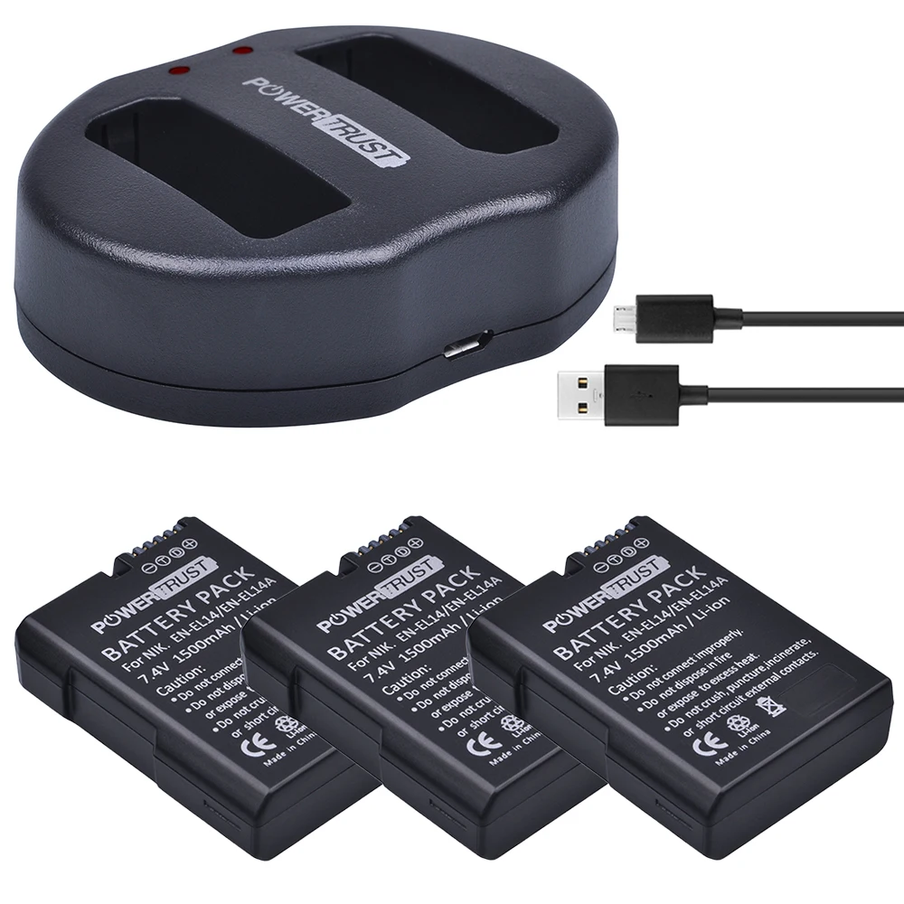 

PowerTrust 3x 1500mAh EN-EL14 ENEL14A EN EL14 Battery +Dual USB Charger for Nikon D5200 D3100 D3200 D5100 P7000 P7100 P7700