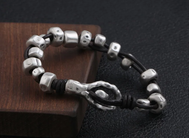 3D твердый 999 серебряный браслет из бисера кожаный серебряный браслет из бисера Винтажный стиль мужской браслет ювелирные изделия