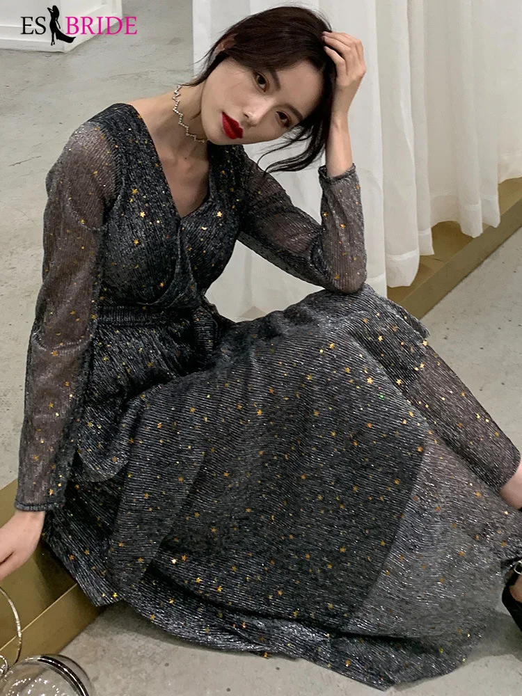 Deep Grey Evening Dresses Long Sleeve Elegant Evening Dress Arabic Special Occasion Dress Party Student Formal Dresses ES2562 Deep Grey Evening Dresses Long Sleeve Elegant Evening Dress Arabic Special Occasion Dress Party Student Formal Dresses ES2562