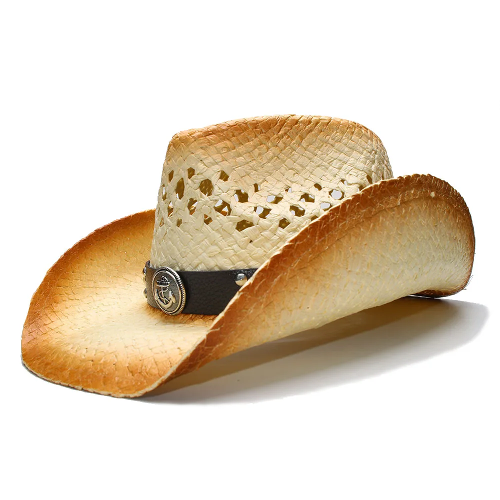 New Men Straw Western Cowboy Hat With Punk Leather Band For Summer Dad Beach Sun Cowgirl