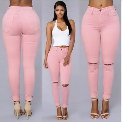 Рваные джинсы для женщин с высокой талией,, джинсы для женщин, обтягивающие, обтягивающие, женские джинсы, женская одежда размера плюс, брюки - Цвет: Розовый