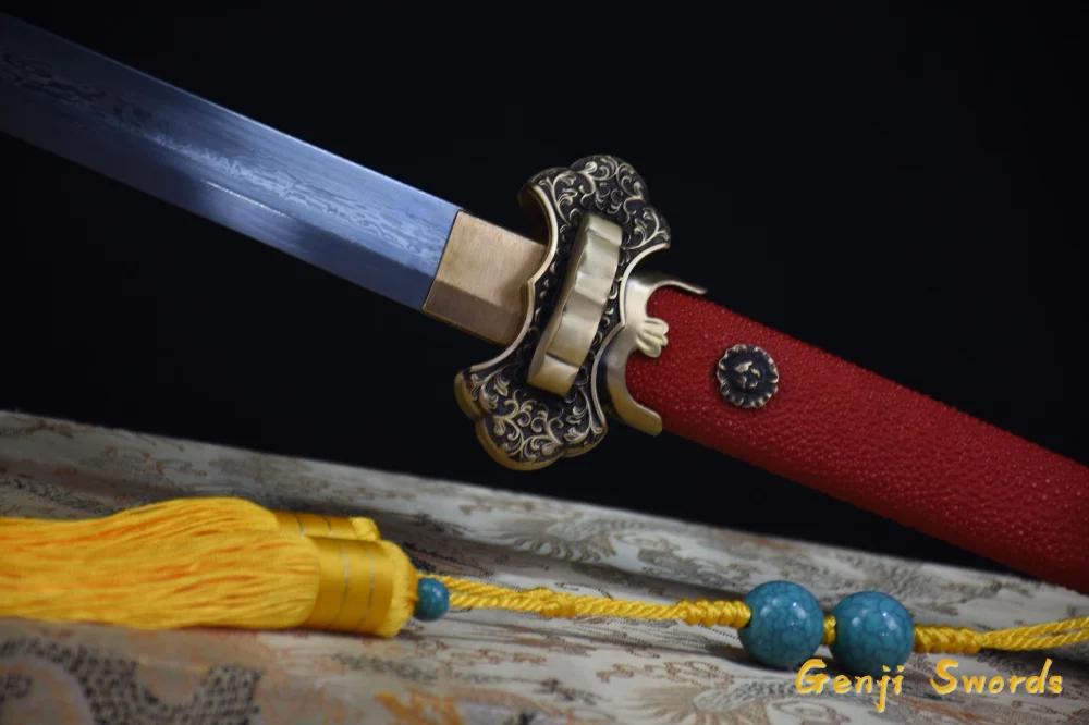 Full Handmade Chinese Tang Sword Damascus Folded Steel Real Sharp Edge Full Fish Leather Saya