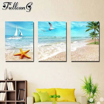 

FULLCANG diy diamond embroidery sale beach scenery boat triptych painting full square/round drill 5d birds mosaic pattern FC1597