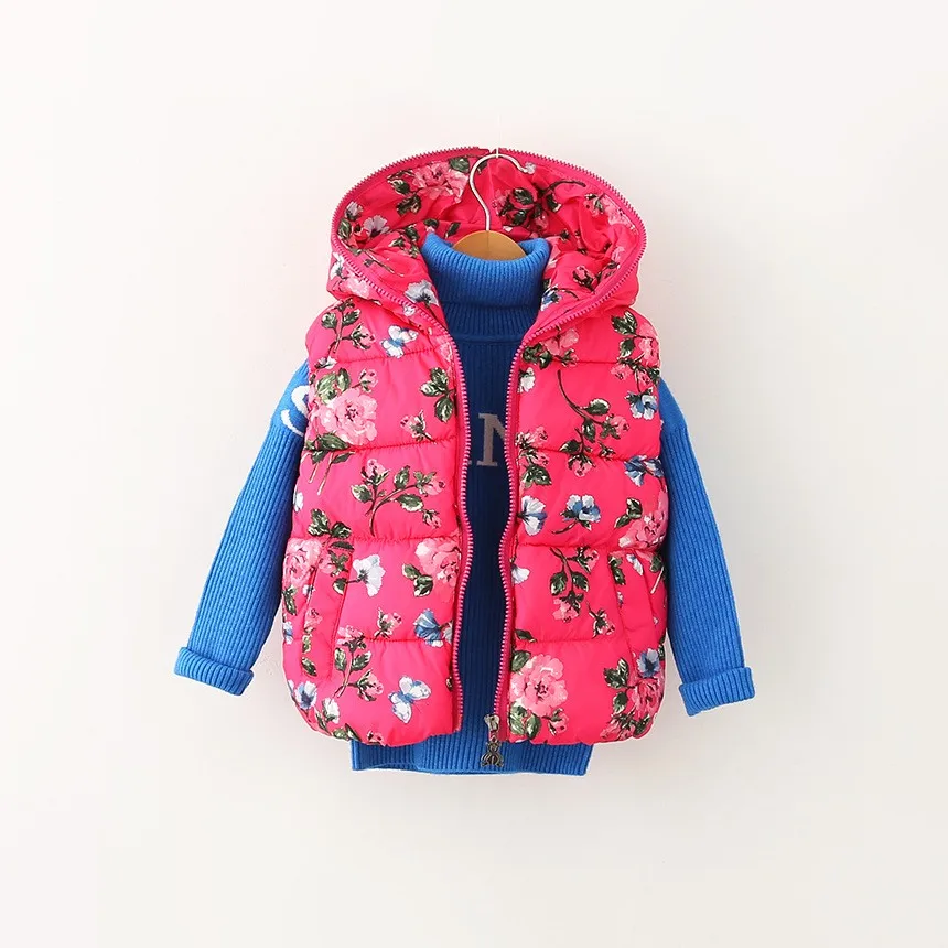 Детский жилет, зимний брендовый жилет с цветочным принтом и капюшоном для маленьких девочек, теплая плотная детская одежда, 3 цвета
