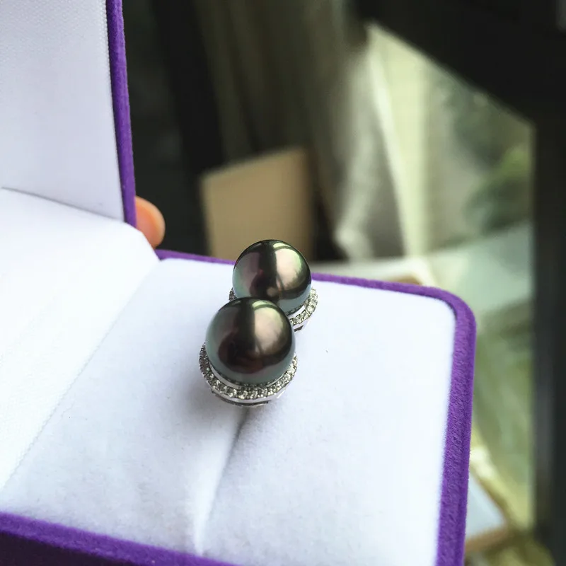 

Women Gift word 925 Sterling silver real Permanent Tahiti Black Pearl Earrings natural seawater malachite green round flawless 9
