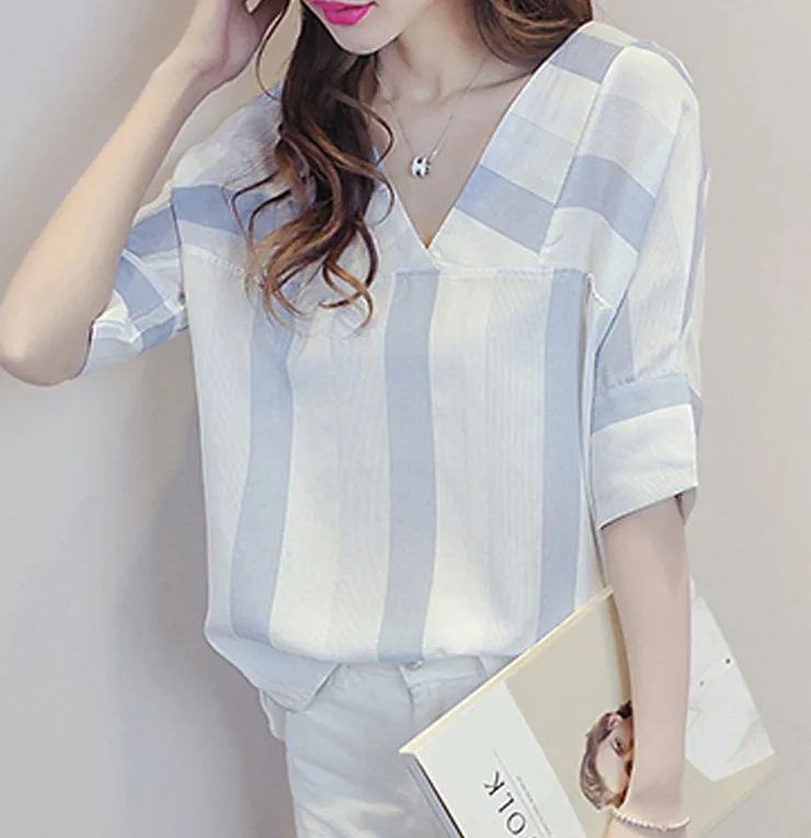 New Striped Blouses Women Shirts Ladies 2018 Summer Half Sleeve Womens Tops And Blouses V-neck Cotton Linen Blusas Femininas  (5)