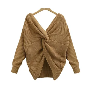 

La MaxZa Women Sweater Solid Simple Knitting Pullovers Knitted Casual Elegant Knot Backless 2018 Female Khaki Short Tops 202021