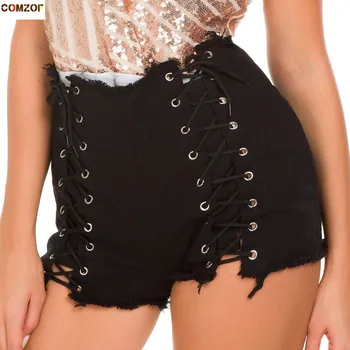 

High wiast women denim shorts sexy hole bandage night club wear pole dance shorts womens fashion hot jeans bermuda feminina