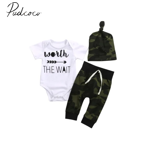 Pudcoco 2017 Short Sleeve O-Neck Army Green Newborn Baby Girl Boy Clothes Romper T-Shirt Long Pants And Hat Outfits 3Pcs 3-18M | Детская