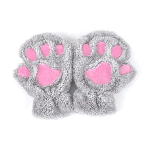 KLV зимние женские милые плюшевые рукавицы с кошачьей лапой, короткие перчатки без пальцев - Цвет: Light grey