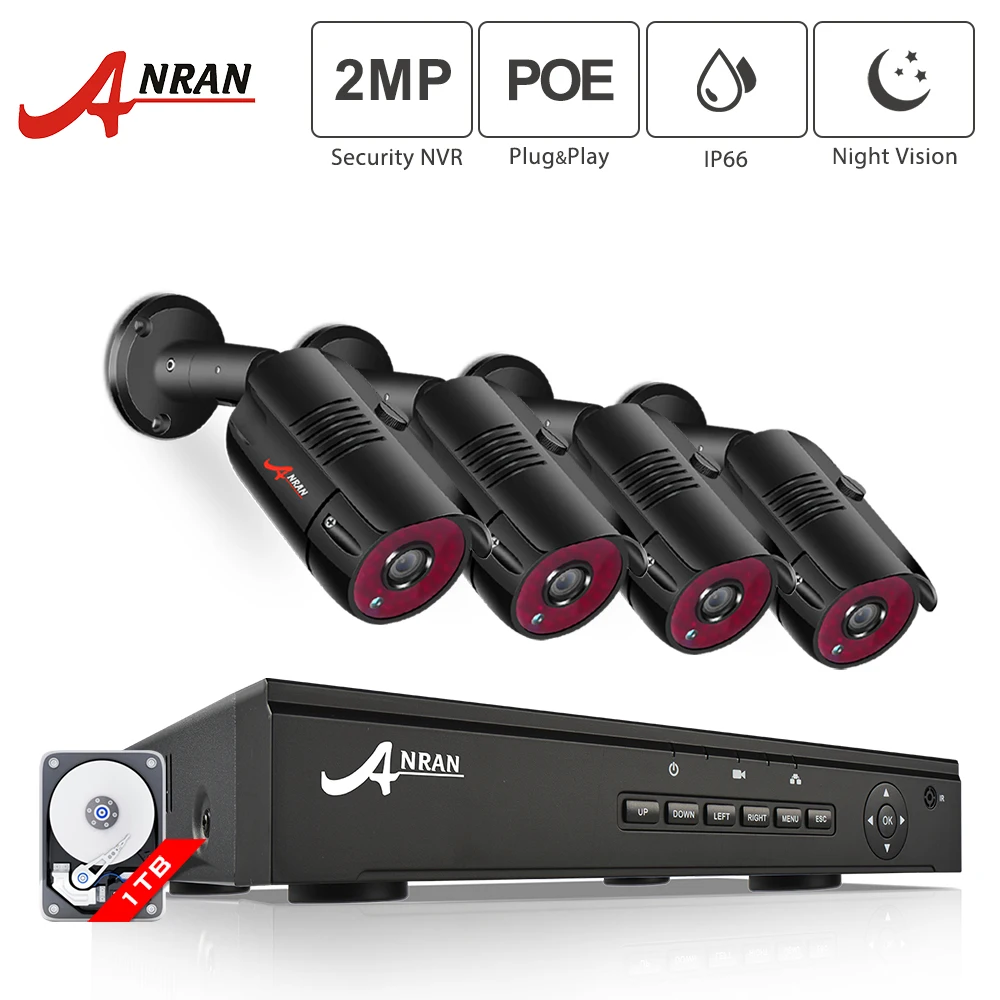  ANRAN 1080P HD 4CH POE Outdoor Waterproof Surveillance System Night Vision IP Cameras Kits CCTV Sys
