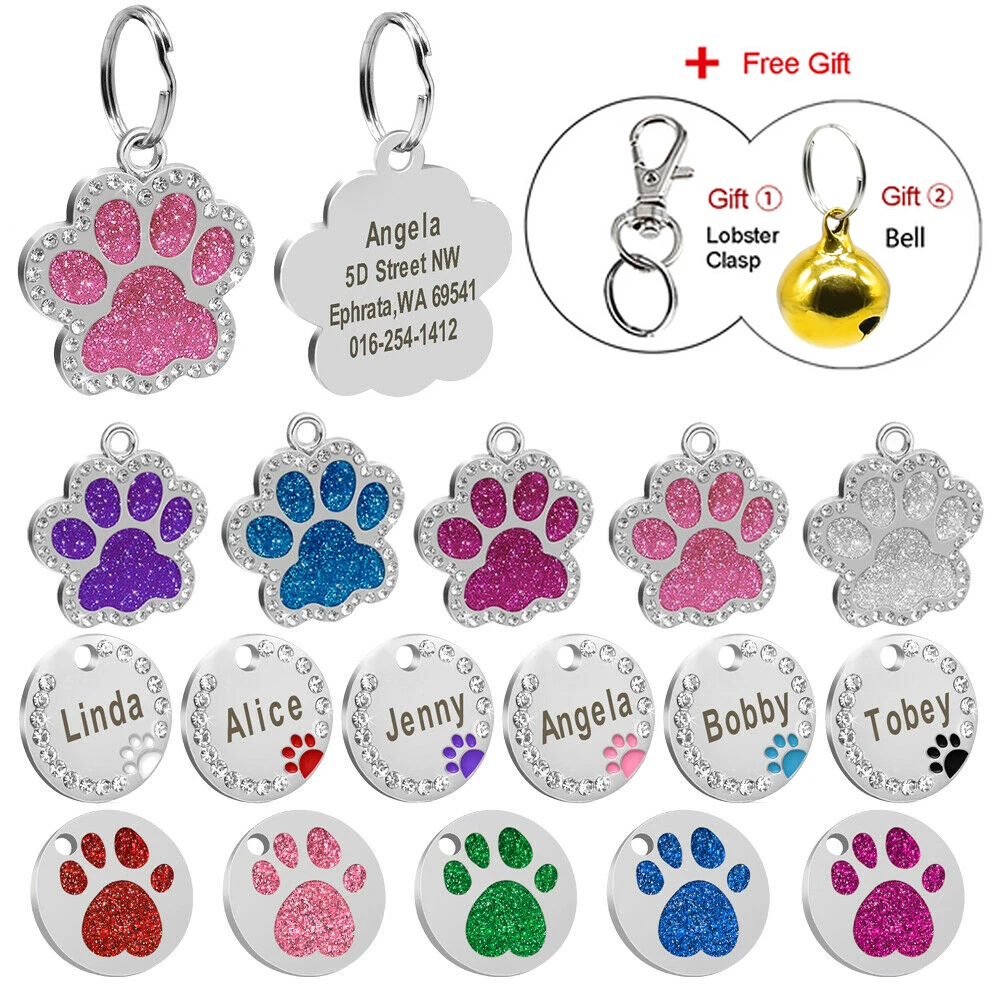 

Rhinestone Pet Dog Tag Personalized Dogs Cats Name ID Tags Anti-lost Nameplate Dog Accessories Free Bell Gift