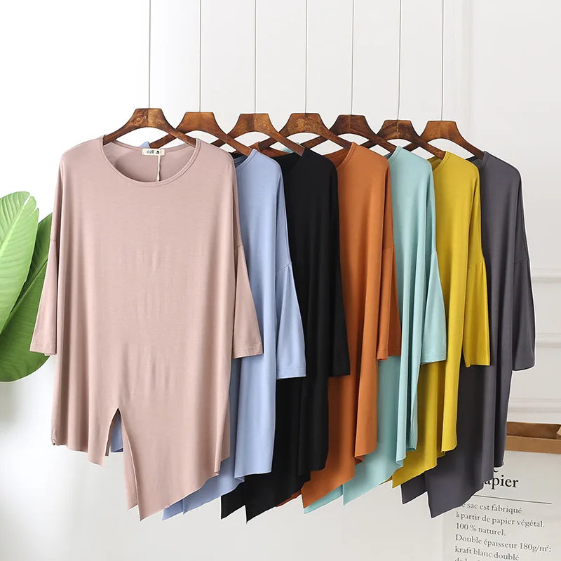 

100% Cotton spring Y oga T-shirts for women o neck batwing sleeve loose asymmetric hem oversize tops female Korean fashion tide