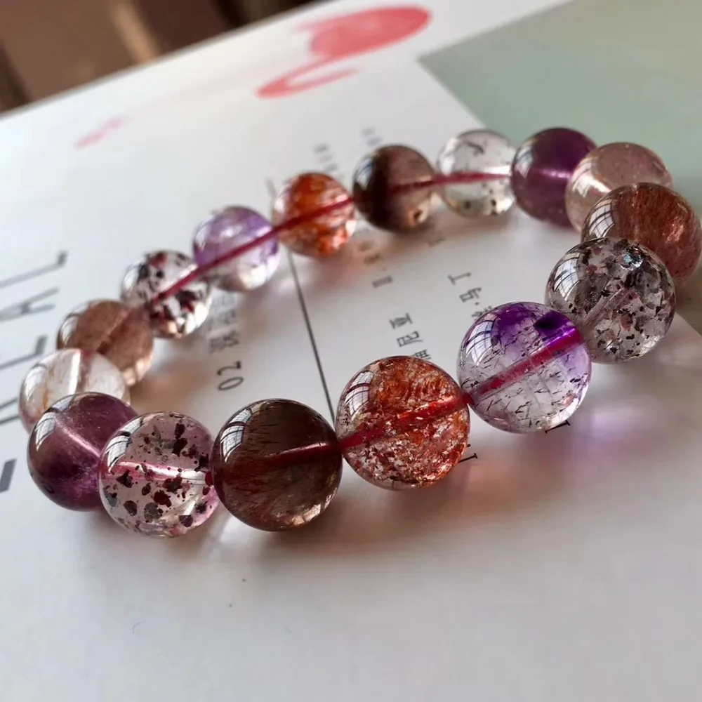 

Natural Lepidocrocite Rutilated Quartz Super Seven 7 Red Woman Man Healing Round Beads 13.5mm Bracelets AAAAA Certificate