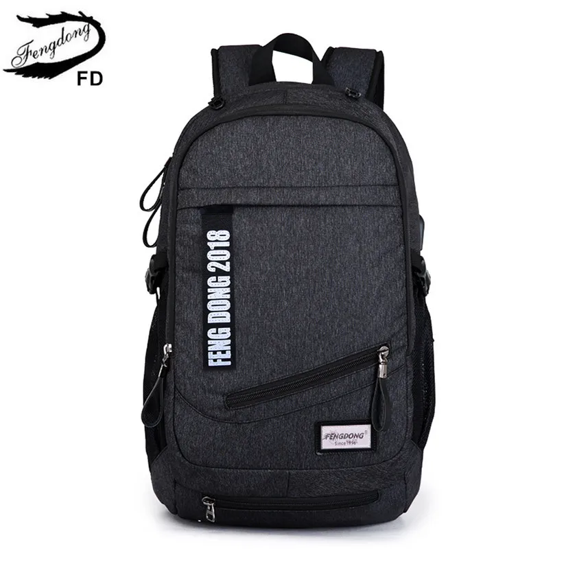FengDong männer laptop rucksack männlichen notebook computer tasche 15,6 schule taschen für jungen reise rucksack usb tasche schwarz schule rucksack Günstig