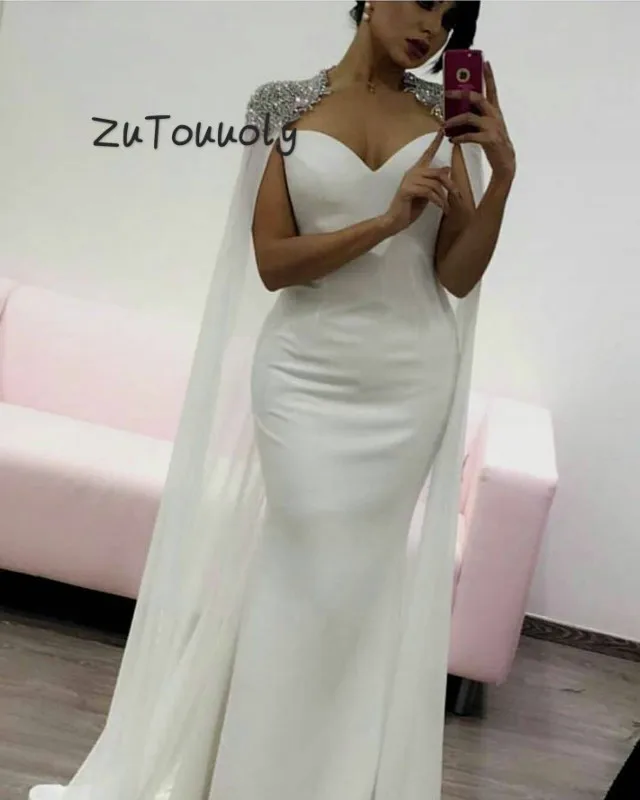 

Fitted White Dubai Evening Dress Beaded Mermaid Long Prom Dress With Wrap Plus Size Summer Holiday Formal Turkey Party Gown 2019