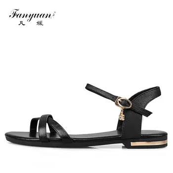 

Fanyuan 2018 Hot Summer Ladies Sandals Genuine Leather Cross-Tied Women's Flat shoes Buckle Strap Female's Gladiator Sandals