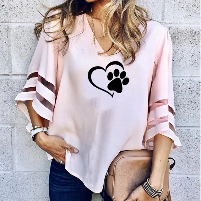2018 New Fashion Dog Paw Print Women Sexy V-neck Splicing Hollow Plus Size T-Shirt Female Tops Half Sleeve Loose Mesh Shirts 1