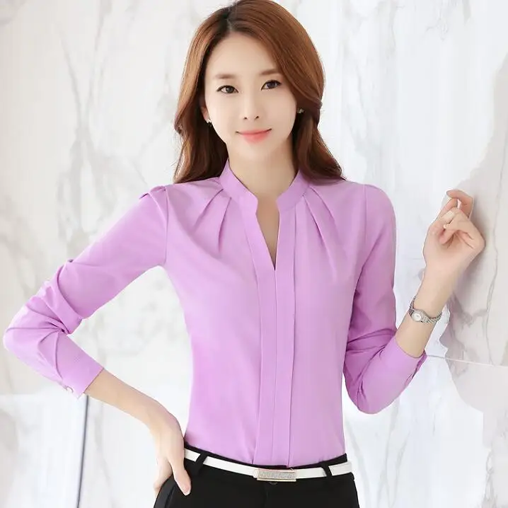 2017 New Women Office Shirts V Neck White Elegant Ladies Long sleeve
