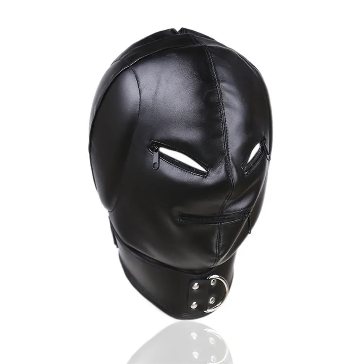 Продукт унисекс, черная маска из искусственной кожи с капюшоном для головы, маска с открытым ртом для глаз на молнии, Эротическая пара, игрушки для флирта, регулируемые