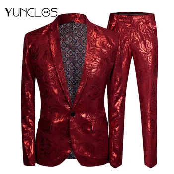 

YUNCLOS Men's Slim Fit Suits 2 Pieces Rose Printed Wedding Party Suits One Button Single Breasted Men Suits Formal Wears