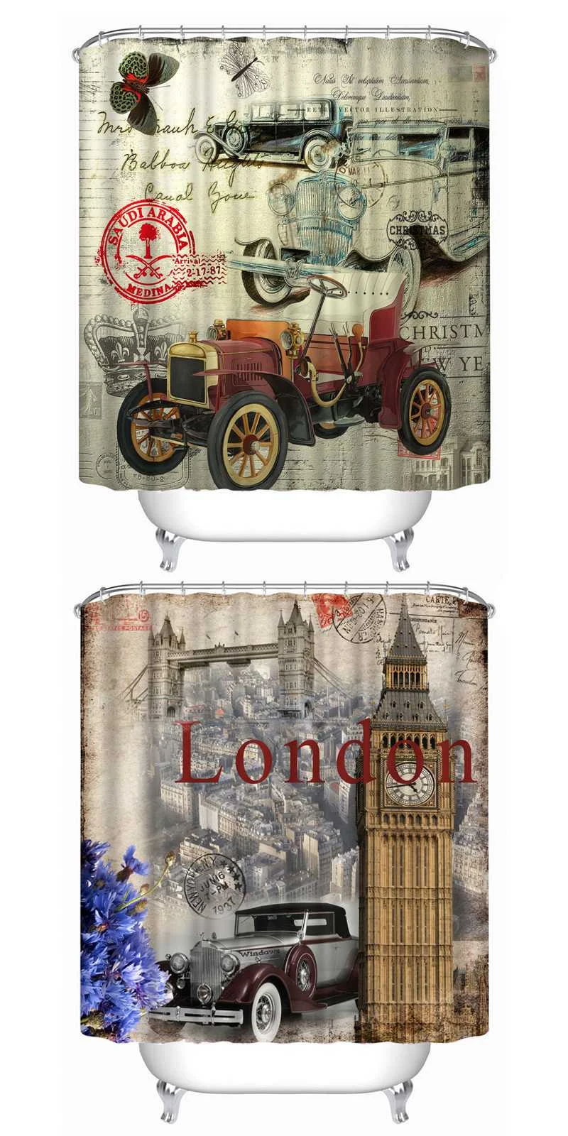 72x72 -Inch Completely Polyester Colormix Car Series Shower Curtains with 12 Rings
