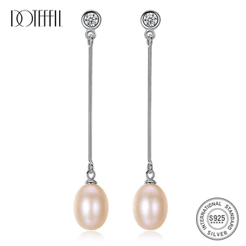 

DOTEFFIL 925 Sterling Silver 7mm White/Pink/Purple Natural Pearl Zircon Long Earrings For Women Wedding Engagement Charm Jewelry
