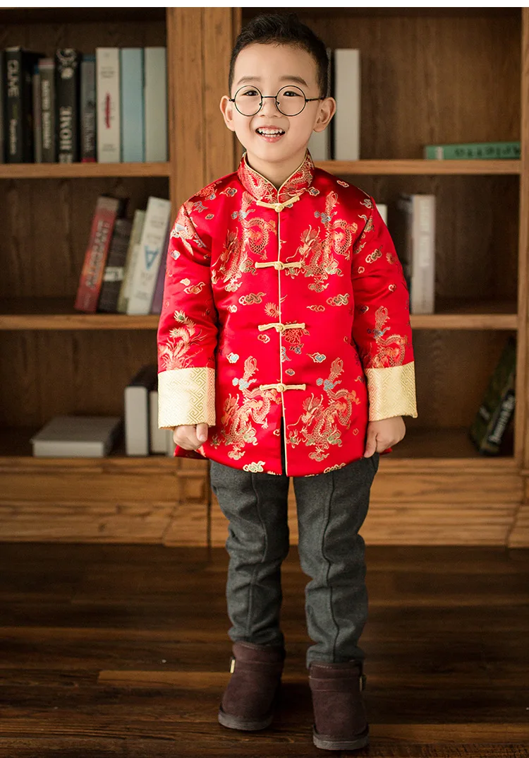Красный Атласный топ Чонсам; парчовая детская одежда в китайском стиле на год; зимняя куртка для мальчиков; детская ветровка; пальто для мальчиков; Chipao